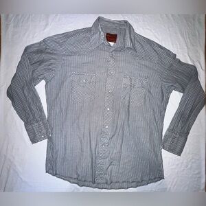 Rustler X-Long Tails Men’s Pearl Snap Grey Blue Striped Button Up Shirt Sz L-XL